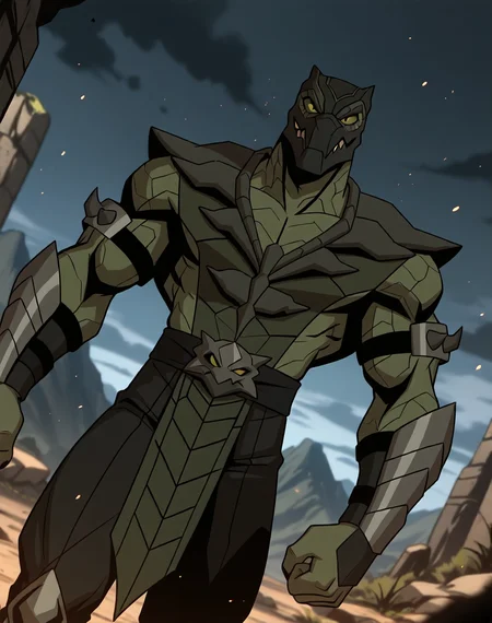 <lora:Reptile_(Mortal_Kombat_Legends_Scorpion's_Revenge)_(Illustrious)_(AD):1> Reptile_MK, muscular, Mortal Kombat,
dutch angle, exterior, monumental architecture, wasteland, dark night sky with black clouds, mountains, ancient Asian stone ruins,
male focus, gradient coloring, villain, intimidating, fierce, cowboy shot,
BREAK very awe, aesthetically pleasing, masterpiece, best quality, amazing quality, very aesthetic, perfect depth of field shot, in'ei, source_furry, furry_art,
Smooth Quality, lazympos, IllustQualXL_Pos,