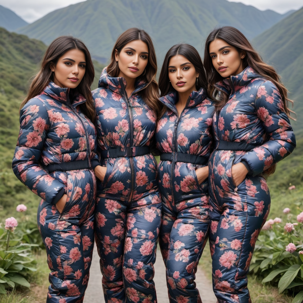 group of south american short women wearing aVintage floral prints    downsuit puffer_downsuit , hyperdetailed photography,4k textures,intricate details,4k resolution,  <lora:puffer_downsuit_v1:0.5>