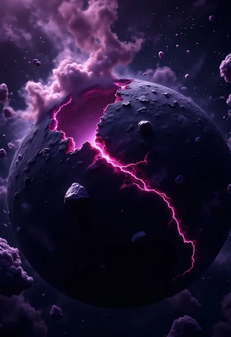 A dark, eerie close-up of a shattered, colossal planet floating in a desolate void. The scene feels oppressive, with jagged fragments of the planet's crust drifting ominously in orbit, illuminated faintly by cracks of glowing magenta and violet energy coursing through the broken surface like veins. The air is thick with swirling nebular mist in deep purples and shadowy pinks, clinging to the jagged debris and creating a ghostly haze. Massive crystalline spires protrude from the planet's surface, their jagged edges glinting faintly as if absorbing and refracting the planet’s dim, inner light. Floating just beyond the surface, shards of ice and crystal tumble slowly, catching stray beams of weak starlight from the void. The atmosphere is heavy and charged, with a faint hum of energy resonating through the debris, as if the fractured world is alive and brooding. Shadows dominate the scene, and the nebula’s eerie, glowing tendrils wrap tightly around the planet, obscuring the stars and heightening the sense of isolation and foreboding. The perspective makes it feel as though you're caught in the gravitational pull of this broken, haunted world, surrounded by a cosmic graveyard of ice, crystal, and darkness