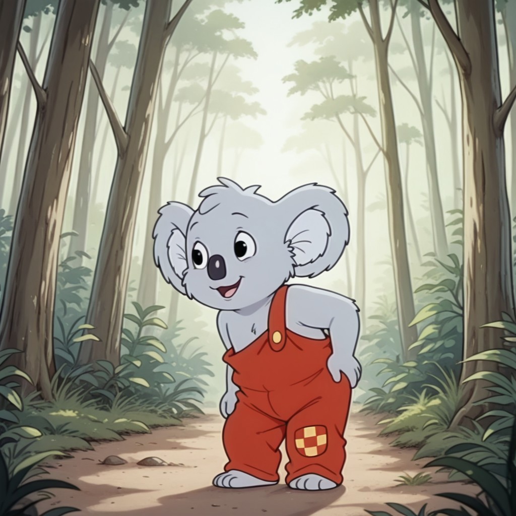 masterpiece, best quality, amazing quality, Blinkybbil, semi-anthro, male, Koala, grey fur, black eyes, one strap red overalls, standing, in a forest, happy