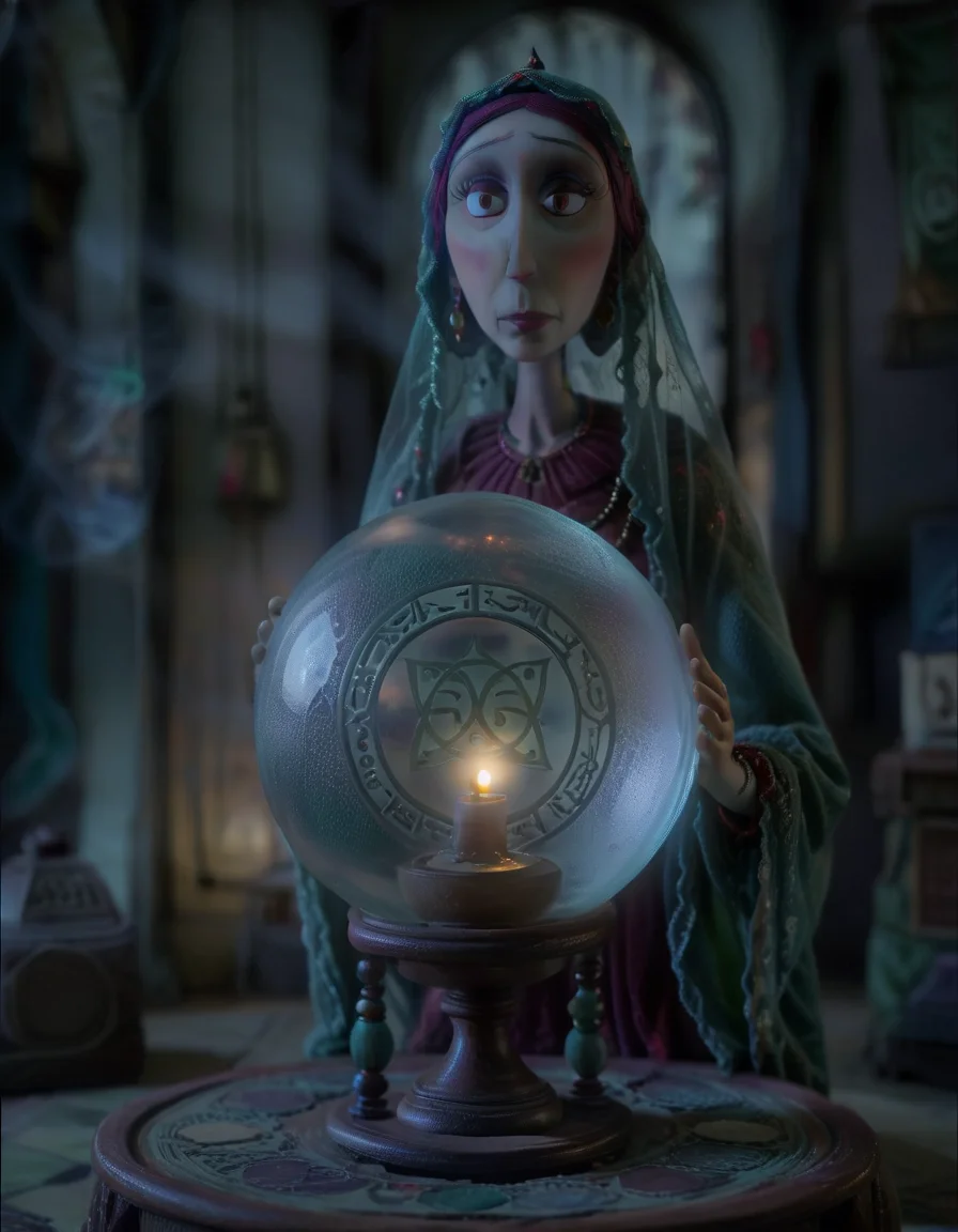 stopmotion, symmetrical, fortune teller, veiled, front, foggy room, dust, gipsy, oracle, crystal ball, low lit room, table, tilt-shift, glow <lora:STOPMO_2.0_RC:1.0>