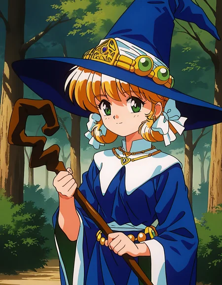 general,highres, ultra-detailed,very aesthetic,best quality ,best hands, BREAK <lora:Mahou_Shoujo_Meruru_IS:1>
Meruru, 1girl,solo, green eyes, witch hat, blonde hair, twintails, short hair, green jewelry, earrings,
breasts, witch,
robe, blue dress, staff, white ribbon, necklace, blue headwear, hair ribbon, hair bow,
1990s \(style\),anime coloring,
forest, tree,