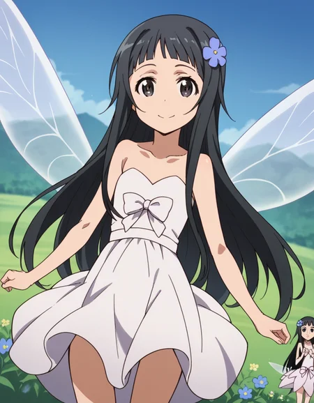 score_9, score_8_up, score_7_up, source_anime,
saoyui, <lora:sao-yui-s1-alo-ponyxl-lora-nochekaiser:0.8>,
yui, long hair, bangs, black hair, hair ornament, very long hair, flower, hair flower, black eyes,
dress, bare shoulders, collarbone, wings, fairy wings, fairy,
outdoors, landscape, smile,
cowboy shot, looking at viewer, solo, dutch angle,