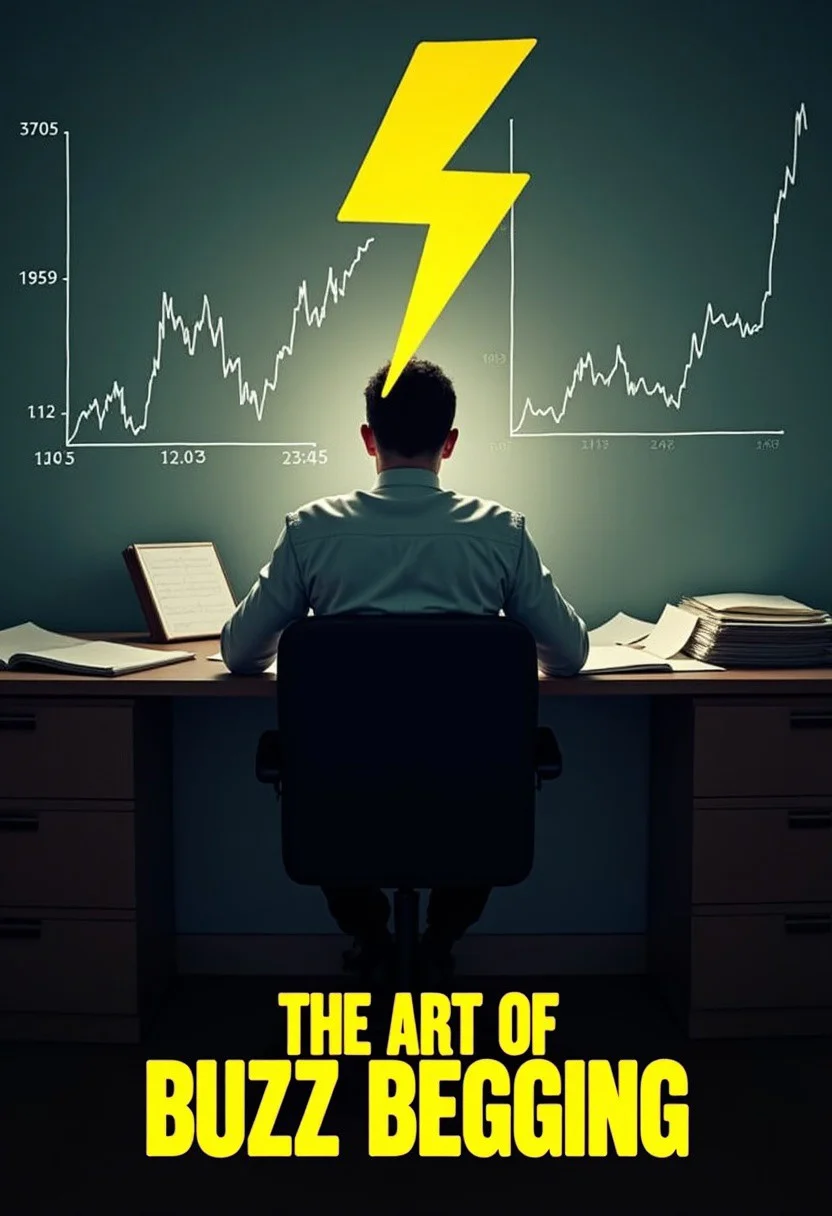 a man with a yellow lightning bolt for a head is at a desk staring at papers. In the background on the walls are rising and falling stock charts. The text: "The Art of Buzz Begging" is shown on the bottom of the image, movie poster style