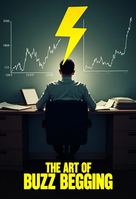 a man with a yellow lightning bolt for a head is at a desk staring at papers. In the background on the walls are rising and falling stock charts. The text: "The Art of Buzz Begging" is shown on the bottom of the image, movie poster style
