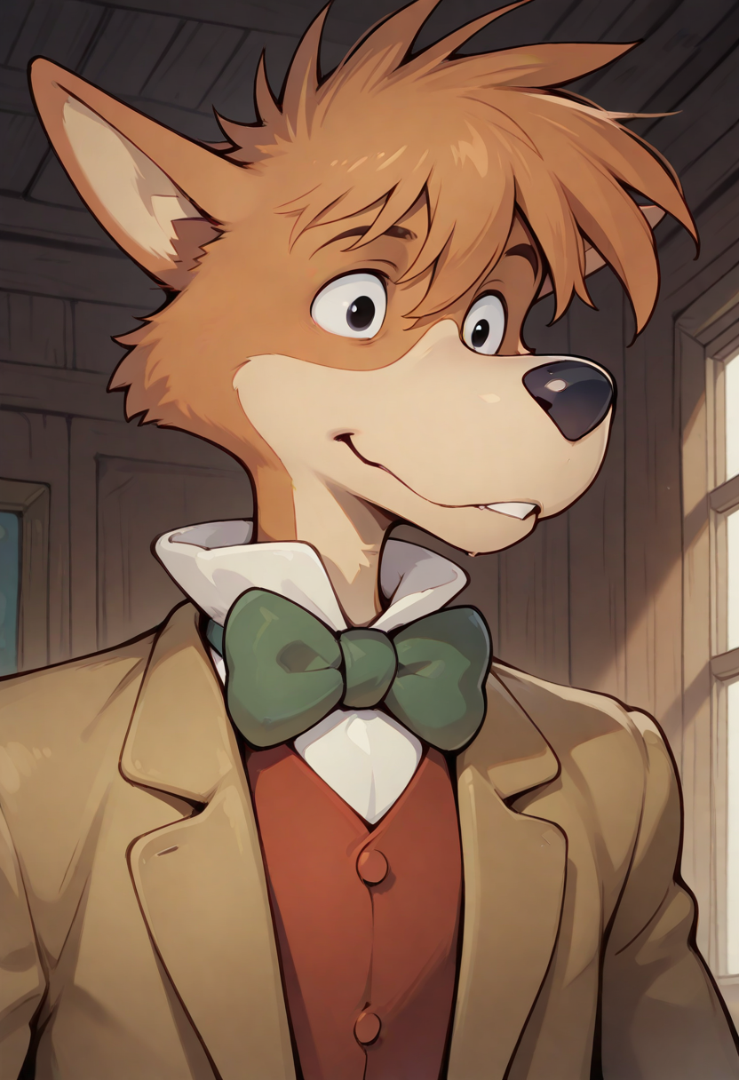 best quality, amazing quality, very aesthetic, absurdres, newest, sherlock hound, furry, furry male, male focus, 1boy, solo, black eyes, bowtie, <lora:Sherlock_Hound_Meitantei_Holmes_Illustrious:1>