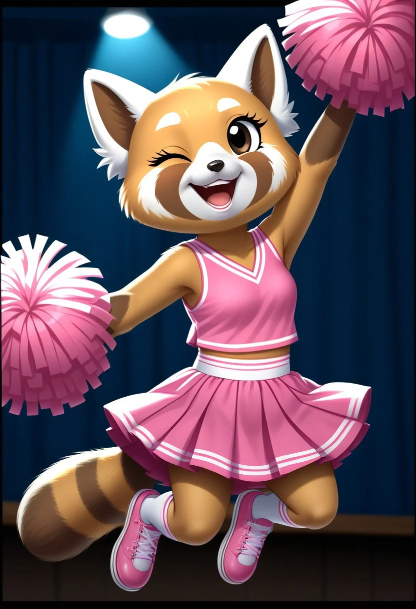 (detailed texture, digital artwork, improved quality, soft shading, cartoon, black borders:1.2), ((stage, audience, lights, blurred background)), (((solo))), ((orange-brown fur, textured fur, anthro red panda, female, Retsuko_(Aggretsuko):1.0)), ((snout, ears, tail, claws, black eyes, eyelashes)), ((pink k-pop outfit, skirt, pompoms:1.2)), ((happy, one eye closed, jumping, posing, looking up)),