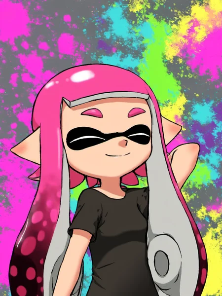 <lora:add-detail-xl:1> <lora:AiArtsChannel_Inkling:1> masterpiece, 1girl, solo, long hair, smile, long hair, black shirt, closed eyes, pink hair, short sleeves, cowboy shot, tentacle hair, rainbow, colorful background, inkling, inkling girl