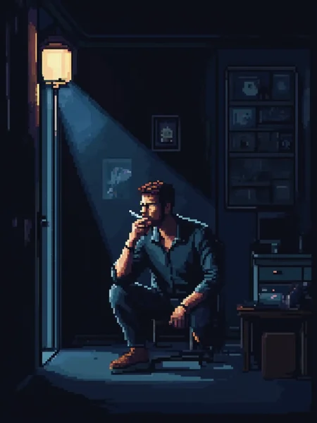 A pixel art illustration of a man smoking a cigarette in a dark room.<lora:General Flux\darkdescent-pixel-art.safetensors:0.9:1.0>