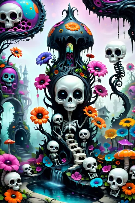 Surreal Garden of Bones and Flowers - A garden filled with a mix of dark, skeletal trees and oversized, brightly colored flowers. Some flowers have strange, cartoonish faces, while bones and twisted branches form natural arches and pathways. In the distance, a gothic fountain with black water glows faintly. <lora:EnvyPastelGoth02-prodigy-batch6:1> <lora:SDXLFaeTastic2400:1> <lora:Goth_SDXL_V1:1> <lora:LowBrowXL:1> <lora:GothGirlLorav0.1:1>
