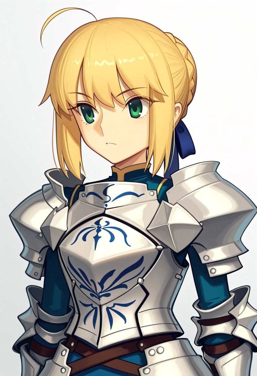 boa, highres, blonde hair, ahoge, green eyes, ribbon, hair ribbon, braid, blue ribbon, short hair, braid, hair ribbon, dress, blue ribbon, short hair, long sleeves, shirt, hair bun, armor, chest armor