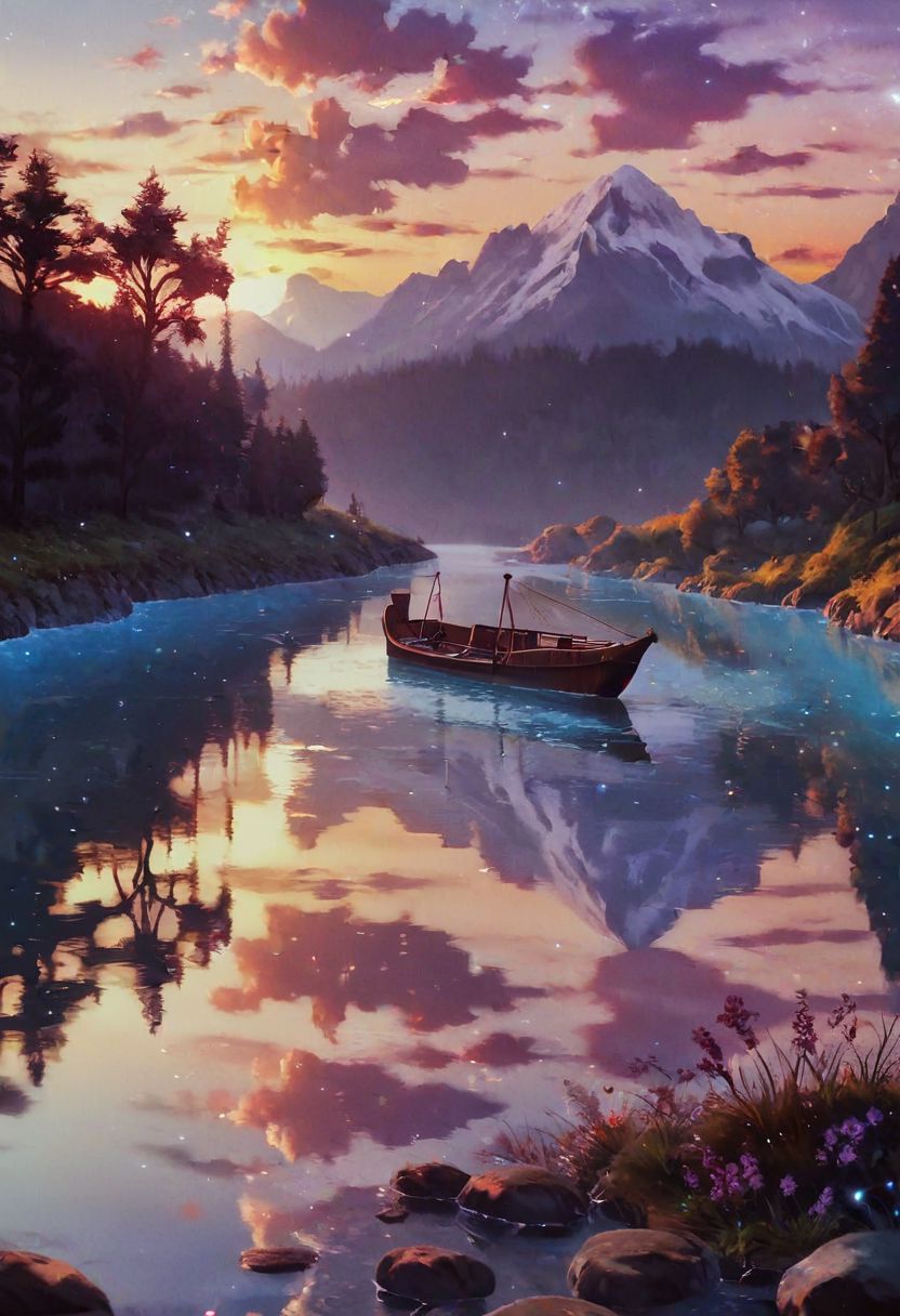 score_9, score_8_up, score_7_up, score_6_up, realistic, intricate details, sharp, (gorgeous), soft lighting, 8K HDR, studio quality, wallpaper, BREAK serene landscape with a colorful sunset over a calm lake, vibrant hues of orange, pink, and purple, small wooden boat floating peacefully on the water, atmosphere of tranquility and relaxation, BREAK photorealistic, natural lighting, professional, 4k, highly detailed