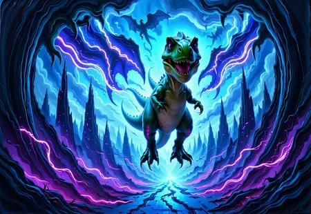 A cyberpunk movie poster featuring a majestic flying tiny t-rex soaring through a neon-lit futuristic cityscape. The tiny t-rex has glowing, cybernetic wings and radiant fins, leaving trails of vibrant blue and purple light as it glides effortlessly through an electric blue sky filled with holographic projections and towering skyscrapers. The words 'LET'S FLY' are displayed in bold, glitchy neon text, shimmering with a flickering effect, positioned prominently in the composition. The background pulsates with energy, showcasing the dynamic city streets below, illuminated by glowing advertisements and streaks of light from flying vehicles. The overall tone is vibrant, energetic, and futuristic.