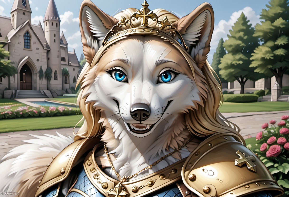 anthro, female wolf, artic wolf, voluptuous figure, tufted fur, tufted ears, cheast tuft, fluffy canine tail, detailed fur, detailed body, detailed face, smile, long blonde hair, canine teeth, medieval cathedral, outside, garden, white fur, blue eyes, golden circlet, golden cross necklace, golden knight armor, whiskers, detailed background, solo,