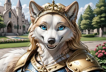 anthro, female wolf, artic wolf, voluptuous figure, tufted fur, tufted ears, cheast tuft, fluffy canine tail, detailed fur, detailed body, detailed face, smile, long blonde hair, canine teeth, medieval cathedral, outside, garden, white fur, blue eyes, golden circlet, golden cross necklace, golden knight armor, whiskers, detailed background, solo,
