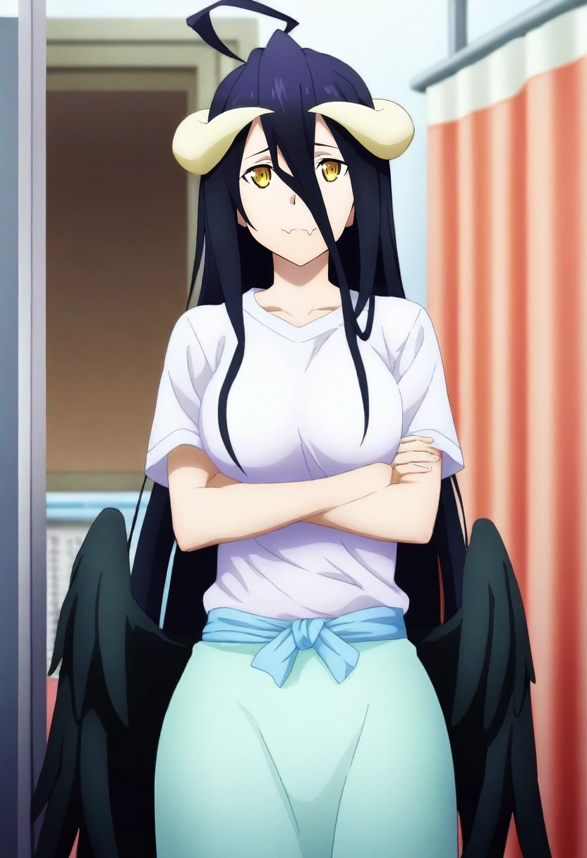 masterpiece, best quality, , , , , 1girl, albedo \(overlord\), black hair, yellow eyes, horns, wings, solo, cowboy shot, hospital, indoors, crossed arms, skin fang, <lora:sao_alicization_style_ilxl:0.96>, sao_alicization_style,
