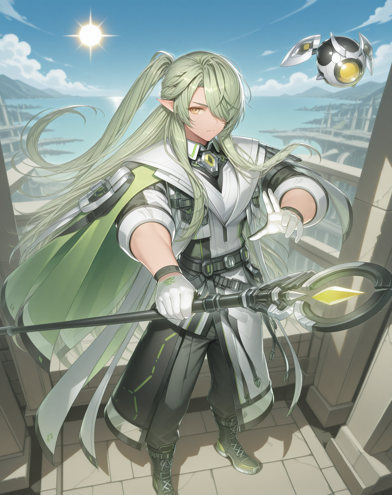 masterpiece, amazing quality, best quality, absurdres, very aesthetic,
1boy, solo, yaoi, male focus, full body, from above, standing, looking at viewer, face focus,
 <lora:Zero_T_FSI_ilxl:1>  zerotfsi, hair over one eye, green hair, pointy ears,yellow eyes, ponytail, half updo, elf, hair between eyes,sidelocks, one eye covered,
white gloves, black pants, boots, green cape, white coat, collared shirt, black belt, green footwear, green gemstone, grey pants, black footwear, green coat, brooch, short sleeves, two-tone gloves, gem, shoes, white shirt, vest, drone, orb, side cape, cloak, serious, cross-laced footwear, sleeves rolled up, jacket, multicolored coat,
holding staff, 
outdoors, day, blue sky, sun,