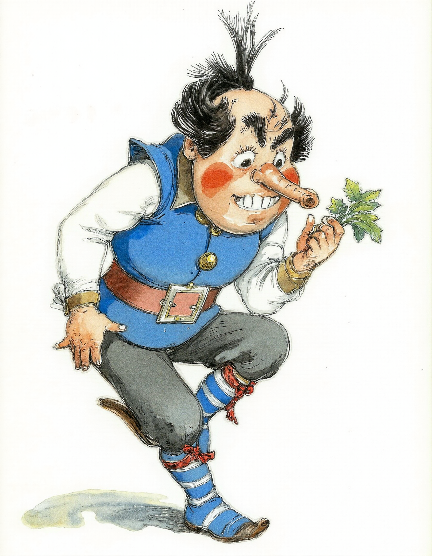 <lora:lv:1>, This image is a watercolor illustration depicting a whimsical, cartoon-like figure of a man with a mischievous expression. The man has a round, bulbous nose, a large, pointed chin, and tousled black hair. He is dressed in a bright blue sleeveless vest over a white shirt, secured with a wide, red belt. His trousers are dark blue, and he wears knee-high, striped socks in shades of blue and white, tied with red ribbons at the top. The man is standing on one leg, with the other leg bent at the knee, giving him a playful, lopsided stance. He holds a small, green, leafy plant in his right hand, which he appears to be examining closely., 
The background is plain white, with no additional elements or scenery, making the figure the focal point. The textures in the watercolor are soft and fluid, with visible brushstrokes and blending, giving the illustration a hand-drawn, organic feel. The colors are vibrant and cheerful, with the blue vest and red belt standing out prominently against the neutral tones of the man's shirt and the dark blue of his trousers. The overall style is whimsical and playful, reminiscent of children's book illustrations from the late 19th to early