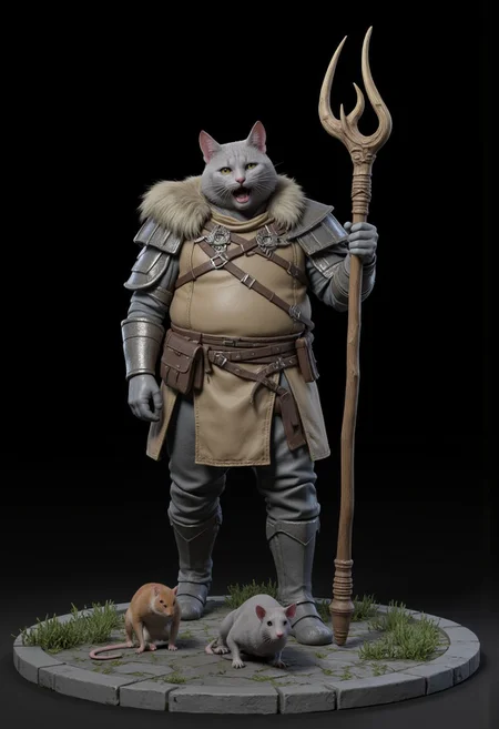 a cute fat cat with a striking appearance. He's wearing light leather armor with many straps around the collar with matching fur long gloves and boots. He standing in the middle of a the forest next to his friend mouse. In his hand is a wooden staff full of nature. His expression is happy and laughing.
Foating above a flat gray ground and black background, the camera angle is high rotated at a 45 degree angle Set against a solid dark black color background to emphasize its unnatural form that emphasizes its silhouette. The medium is not a traditional painting or illustrative medium like watercolor or ink but rather a digital 3D rendering.
MikeFranchinastyle, bbstyle,, horror theme,, ZBClay model of a gray sculpture, zbrush, d4arks0uls, overcast lighting, gothic-fantasy style, mystical aura