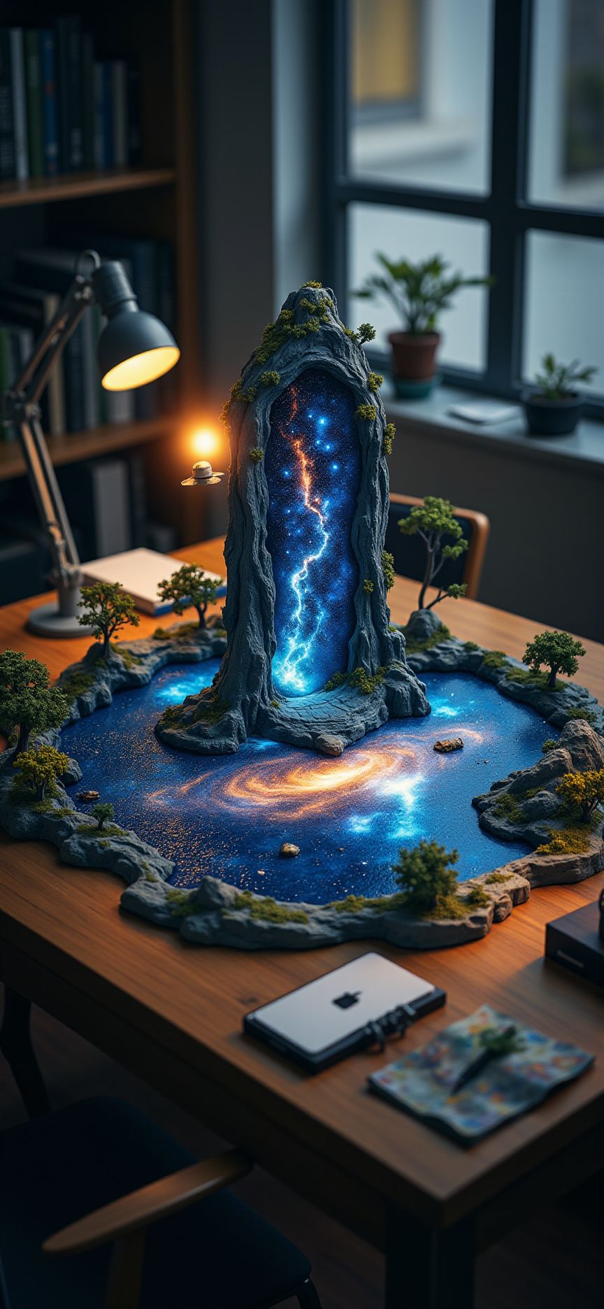 (indoor,very wide isometric view,tilt-shift lens:1.6), (A miniature diorama of:2.5) of (stasis _chamber:1.5), gradation,  gradation,(galaxy,milky way:1.3),  space station at (floating island,levitating  island:1.5) on (table:2) at (study:2.5)  <lora:Diorama_Flux:1>
