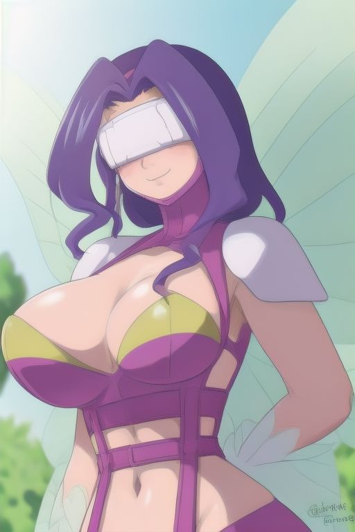 ((masterpiece,best quality)),best res,(huge breasts:1.3)),good anatomy,cute,(sexy:1.3),very cute face,hot,female,smiling,very detailed,4k,happy,smiling,,female,,.looking at viewer,1girl, solo, blush, smile, , ,  solo,smile, solo, blush, ,,,solo,,tall female,middle of a park,,,very detailed,4k,inflatable,fairymon,long hair,purple hair,,close up,butterfly hair ornament, purple bikini, shoulder pads, covered eyes, butterfly wings, digimon (creature),