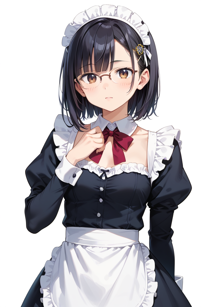 score_9, score_8_up, score_7_up, rating_safe, masterpiece, best quality, absurdres, unity 8k wallpaper, official art, official style, source_anime, uncensored, game cg, megami magazine,
1girl, solo, black hair, medium hair, upper body, covered eyes,maid, maid headdress, black dress, maid apron, face focus,
halfrim17s,  still life, white background, simple background, brown-framed eyewear,
 <lora:glasses_halfrim17S_PONY_V1:1>