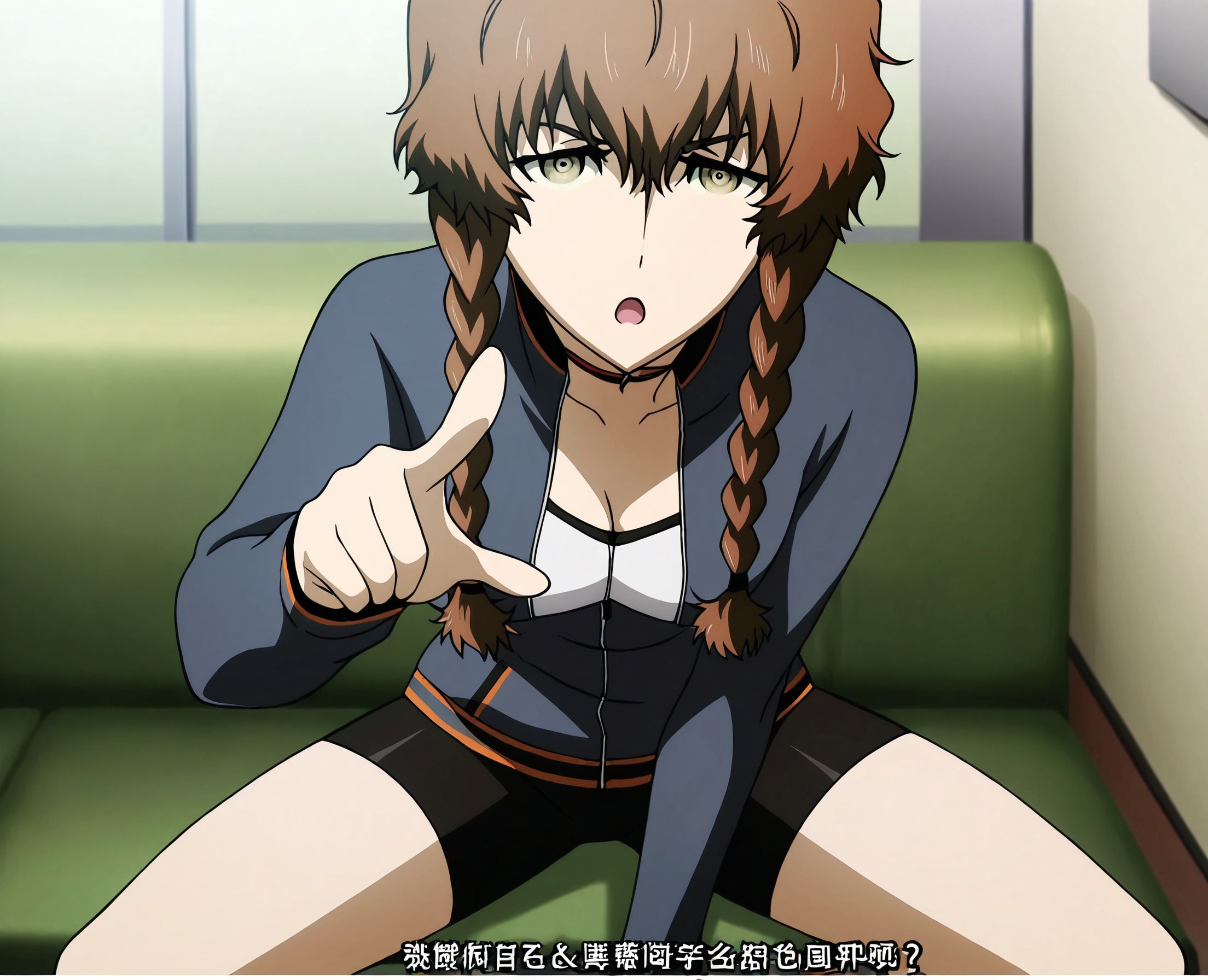 masterpiece, best quality, newest, absurdres, highres, detailed eyes, beautiful, detailed background, perfect eyes, anime coloring, anime screencap,
<lora:My_dad_got_the_MVP:0.7>My dad got the MVP,
Look for your own problems,pointing with one finger,open mouth, 
1boy,male focus,indoors, sitting, parody,solo,looking at viewer,
look for your own problems,pointing with one finger,talking, serious, 
<lora:suzuha:0.9>,suzuha,1girl,twin braids,brown hair,brown eyes,track jacket,bike shorts,cleavage,open jacket,
steins;gate, official art,