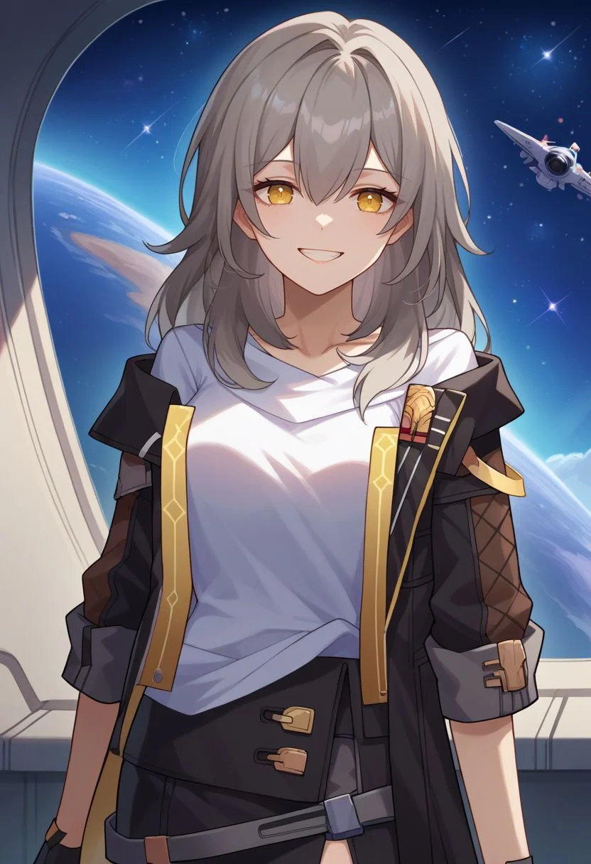score_9, score_8_up, score_7_up, source_anime, 1girl, stelledef, yellow eyes, grey hair, long hair, hair between eyes, white shirt, black jacket, open clothes, open jacket, long sleeves, black gloves, black skirt, miniskirt, thigh strap, standing, smile, grin, shirt lift, navel, looking at viewer, indoors, spacecraft, space station, starry sky, portrait, close-up, upper body, facing viewer, <lora:Stelle_v1-10:1>