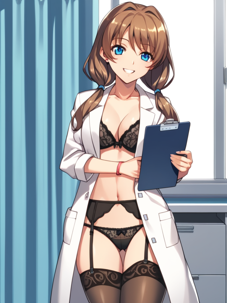 score_9, score_8_up, score_7_up, score_6_up, BREAK masterpiece, perfect face, perfect hands, high quality, source_cartoon, BREAK (1girl, solo,) <lora:Renka_Misaki_-_Akiba_Girls:1> renka, long hair, brown hair, twintails, blue eyes, open lab coat, lace bra, lace panties, garter belt, lace stockings, naughty face, holding clipboard, happy, hospital,
