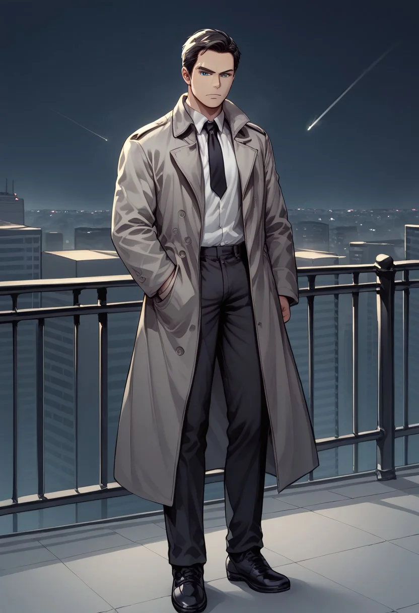 score_9, score_8, score_7, (city background), night, dramatic light, sketch, 1man mature, blue eyes, black trenchcoat, grey coat, black tie, white shirt, black pants, black shoes, irritated, hold a gun, aiming the viewer