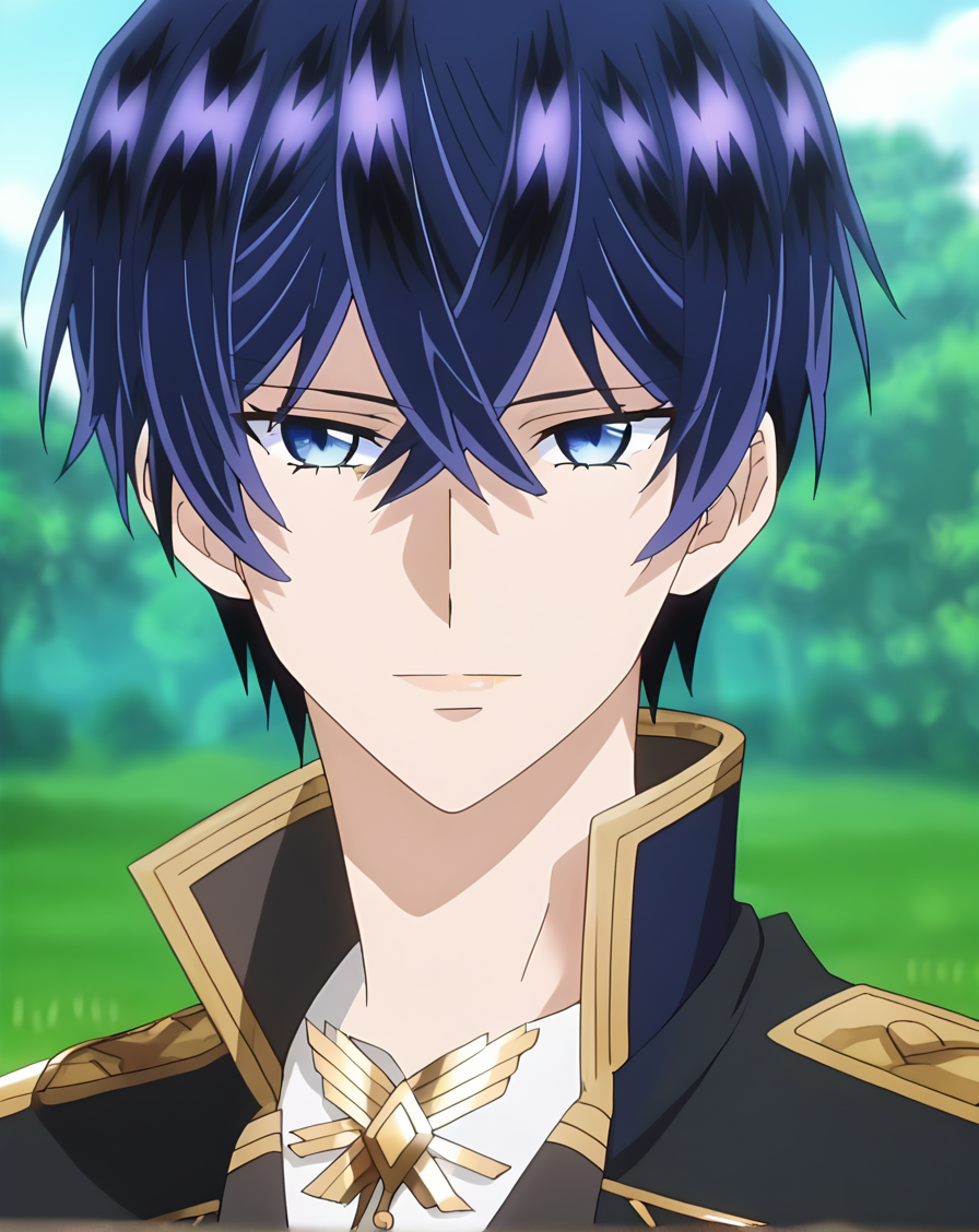 score_9, score_8_up, score_7_up, original style, source_anime, anime screencap, BREAK, depth of field, ((1boy, solo, male only, male focus, face focus)), (hein_arnold, blue eyes, blue hair, short hair, bangs, hair between eyes, adult), happy, looking at viewer, facing viewer, collarbone, outdoors,  <lora:Arnold_Hein_Pony:1>