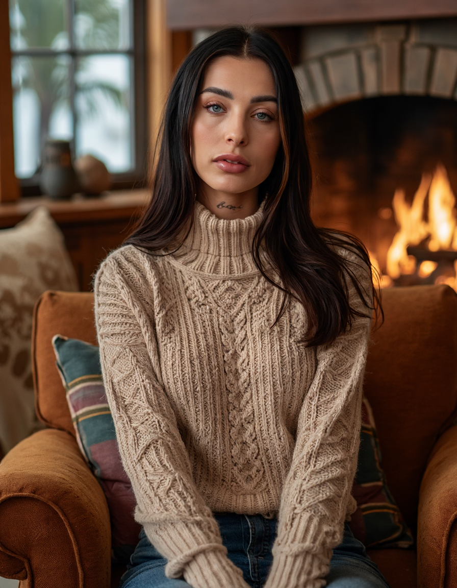 Subject: A woman sitting on a plush, oversized armchair in a cozy, rustic cabin surrounded by towering trees and a crackling fireplace.
Lighting: Warm, golden light from the fire casting a cozy ambiance.
Camera Angle: Eye-level shot, looking straight at the woman's face as she gazes out at the viewer.
Composition Style: Leading lines of the chair and surrounding decor converge to her eyes.
Clothing: High-necked, long-sleeved sweater in soft, earthy tones with a chunky knit pattern.