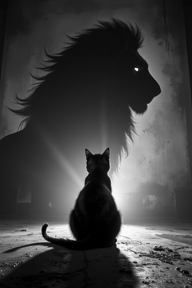 anhei,This is a highly detailed digital artwork in a dark fantasy style,A black cat sits on the ground,facing away from us and casting its shadow in front of it. The silhouette of a majestic lion is projected onto the wall by the light source behind the scene. Black and white photography,soft lighting,high contrast,sharp focus,symmetrical composition,simple background,portrait lens,static posture.,