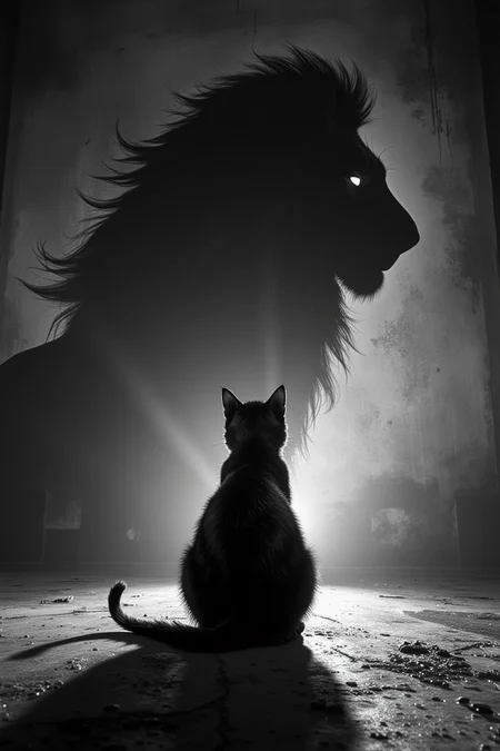 anhei,This is a highly detailed digital artwork in a dark fantasy style,A black cat sits on the ground,facing away from us and casting its shadow in front of it. The silhouette of a majestic lion is projected onto the wall by the light source behind the scene. Black and white photography,soft lighting,high contrast,sharp focus,symmetrical composition,simple background,portrait lens,static posture.,