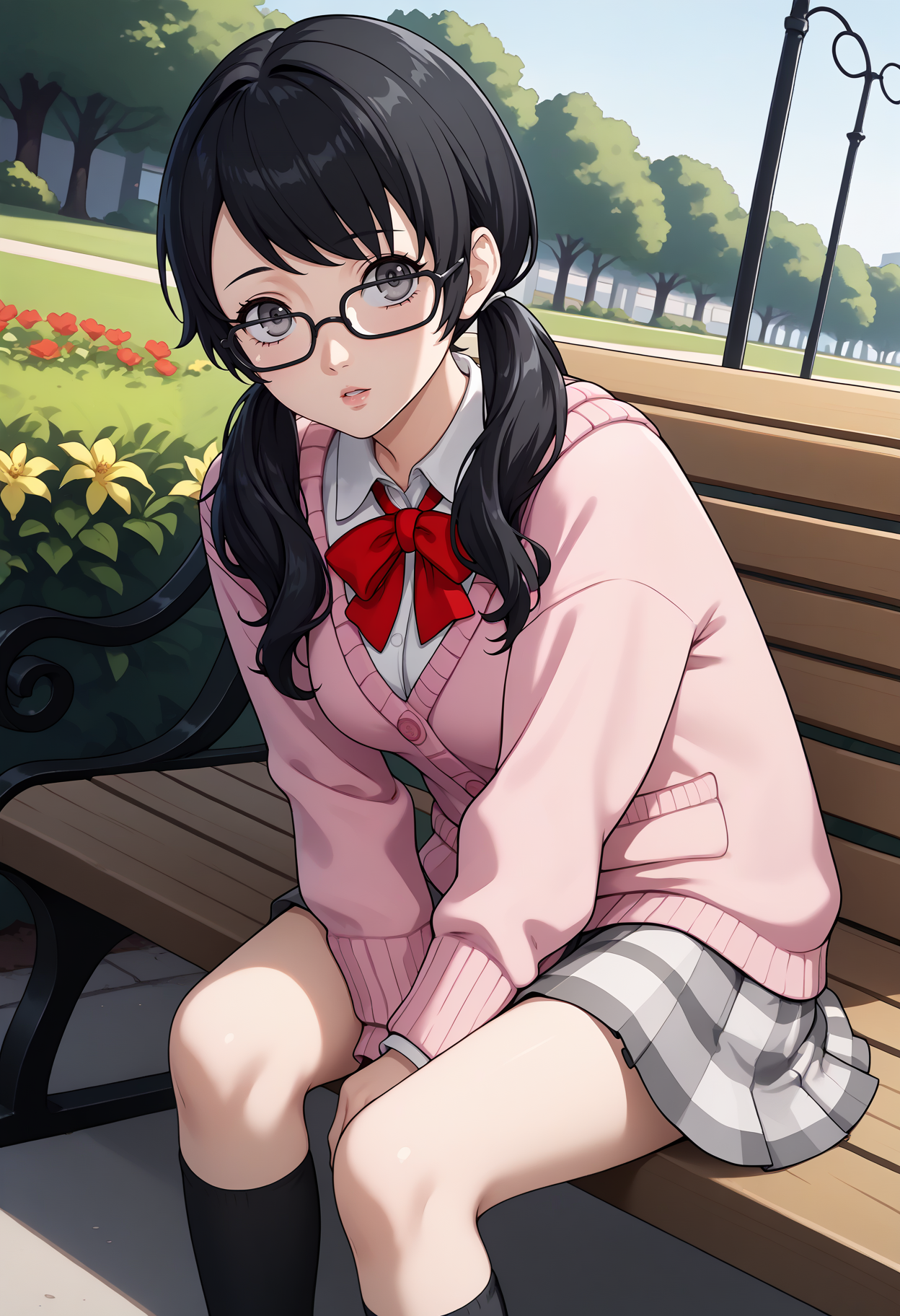 score_9, score_7_up, source_anime, 1girl, sitting, leaning forward, hand between legs, looking at viewer, parted lips, dutch angle, <lora:zs_P5TomokoXL:1> tomokop5x, black hair, long hair, twintails, grey eyes, pink cardigan, medium breasts, white shirt, red ribbon, grey skirt, black kneesocks, park, bench