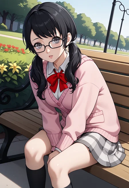 score_9, score_7_up, source_anime, 1girl, sitting, leaning forward, hand between legs, looking at viewer, parted lips, dutch angle, <lora:zs_P5TomokoXL:1> tomokop5x, black hair, long hair, twintails, grey eyes, pink cardigan, medium breasts, white shirt, red ribbon, grey skirt, black kneesocks, park, bench