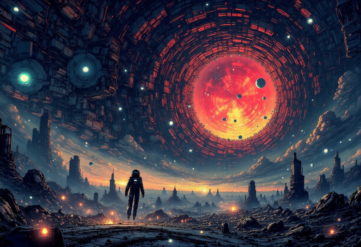 Nistyle, Drifting silently through the vast emptiness of space, a lone astronaut hovers weightlessly amidst the wreckage of a shattered spaceship. His suit, torn and battle-scarred, glimmers faintly in the distant starlight. The visor of his helmet reflects the eerie, haunting sight of a nearby black hole, its swirling, infinite darkness pulling in the scattered debris like a cosmic Colorful whirlpool. Yet, beneath the reflection, barely visible, are his wide, terrified eyes. Surrounding him, fine, delicate linework captures the weightlessness of the floating metal shards, wires, and fractured panels. In the background, a massive alien structure looms—a colossal, forbidden space station carved from dark, jagged stone, adorned with cryptic, glowing symbols that pulse rhythmically, as if alive.