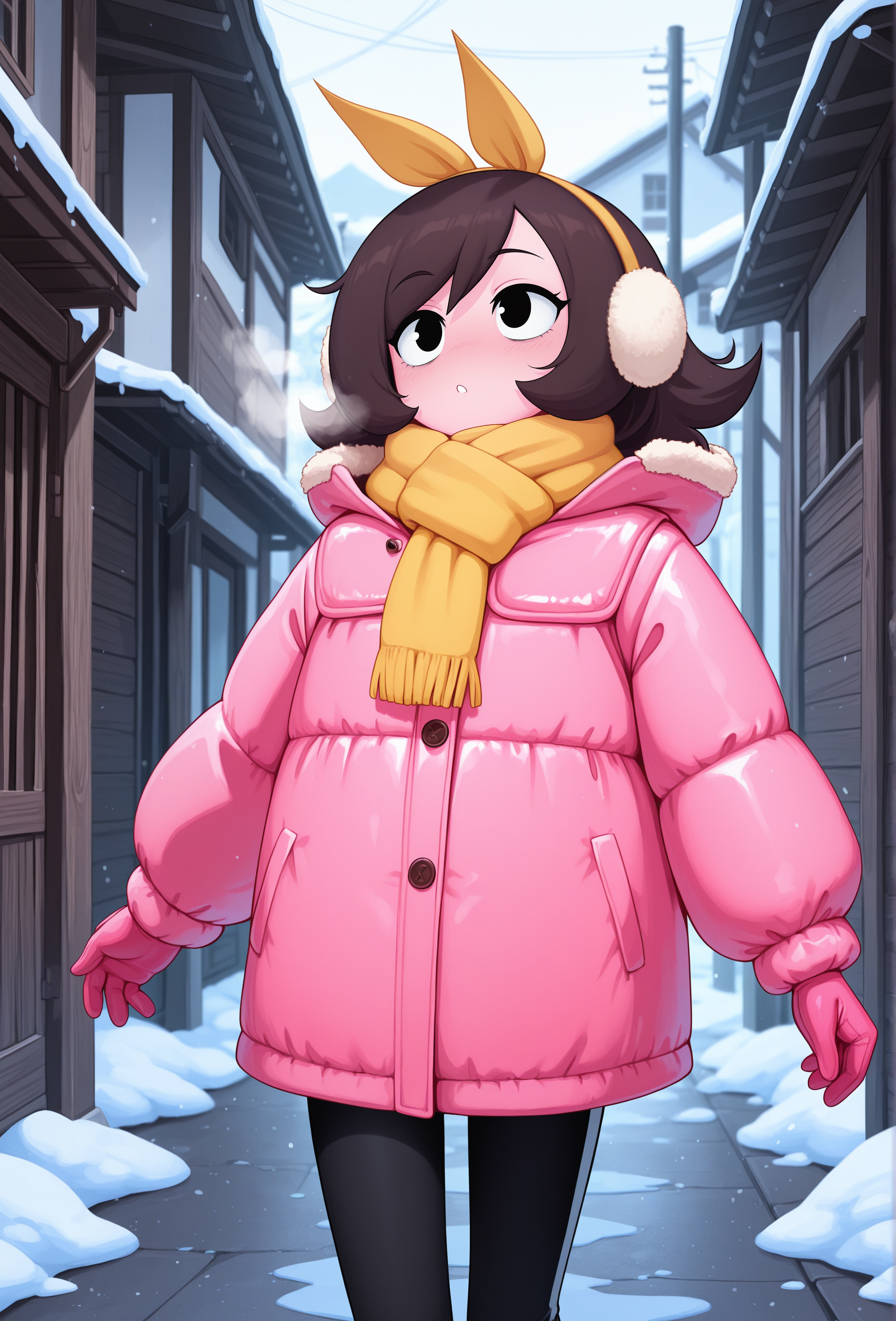 masterpiece,best quality,amazing quality, masterpiece,best quality,amazing quality, <lora:marigold_cabronpr_illustrious_v1f:0.7> marigold, 1girl, solo, hairbow, no nose, black eyes, earmuffs BREAK
yellow scarf, puffy jacket, winter coat, pink coat, breath, snow, black pants, alley, village, detailed background