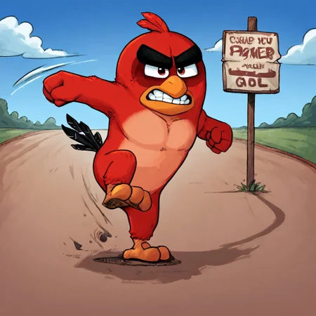 angry birds, red_bird, score_9, score_8_up, score_7_up, score_6_up, score_5_up, score_4_up, source_furry, hi res, sfw. 2D artwork.
red plumage, black eyebrows, thick eyebrows, small beak, brown eyes, round body, red head tuft, tail feathers, (feathered hands), winged arms, under-eye circles, bird, short legs, solo, robust body, mature male, small feet, short legs, wings
kicking, kicking an object, sign, angry expression, standing, clenched teeth, clenched fists.
On a road, blue sky, clouds.