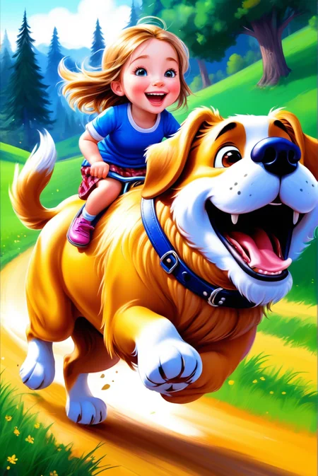 (masterpiece, best quality, high quality, ultra-detailed),
1girl,riding on a big dog,run about wildly,cheerful atmosphere,