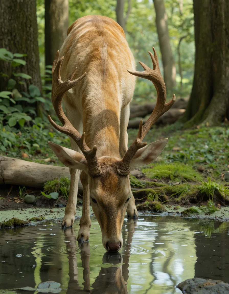 . A photo-realistic shoot from a front camera angle about a deer drinking water from a shallow pool surrounded by lush greenery. the image also shows a deer with antlers, standing in the middle of the image, drinking from the shallow pool. the deer, who appears to be a young adult, has a light brown coat with darker spots, and large, curved antlers on its head. it is facing down and its mouth is closed, as if it is taking a sip from the water. the background is a dense forest with green foliage and sunlight filtering through the trees, creating a serene and peaceful atmosphere. the lighting is soft and natural, casting gentle shadows on the deer's fur. the overall effect is one of tranquility and serenity.