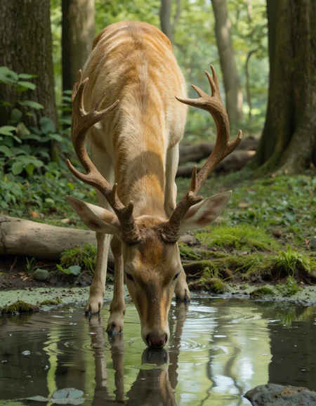 . A photo-realistic shoot from a front camera angle about a deer drinking water from a shallow pool surrounded by lush greenery. the image also shows a deer with antlers, standing in the middle of the image, drinking from the shallow pool. the deer, who appears to be a young adult, has a light brown coat with darker spots, and large, curved antlers on its head. it is facing down and its mouth is closed, as if it is taking a sip from the water. the background is a dense forest with green foliage and sunlight filtering through the trees, creating a serene and peaceful atmosphere. the lighting is soft and natural, casting gentle shadows on the deer's fur. the overall effect is one of tranquility and serenity.
