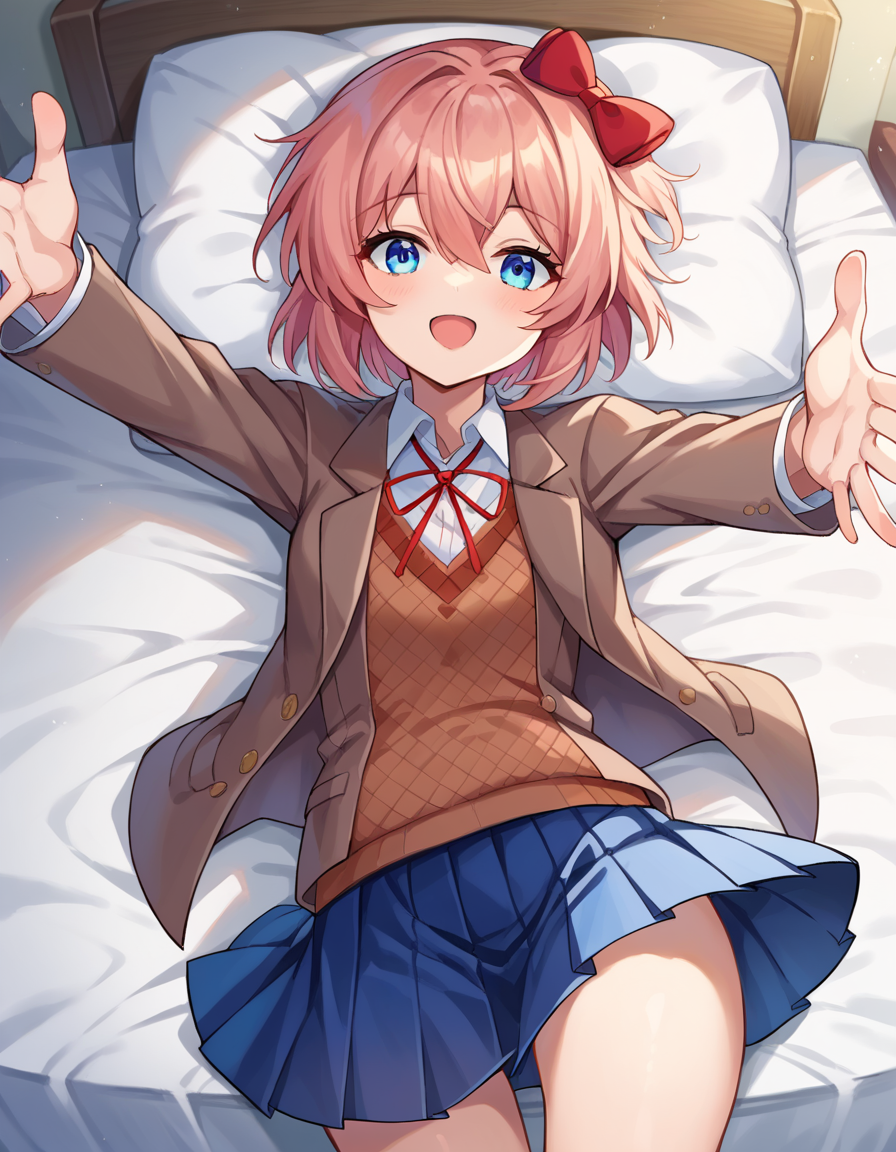 score_9, score_8_up, score_7_up, source_anime,
ddlcsayori, <lora:ddlc-sayori-ponyxl-lora-nochekaiser:1>
ddlcsayori, blue eyes, hair between eyes, hair bow, hair ornament, pink hair, red bow, short hair,
blue skirt, pleated skirt, school uniform, skirt, brown jacket, jacket,
indoors, bed, bed room, on back, arm support, arms up, incoming hug, pov, reaching, reaching towards viewer,
looking at viewer, dutch angle, cowboy shot,