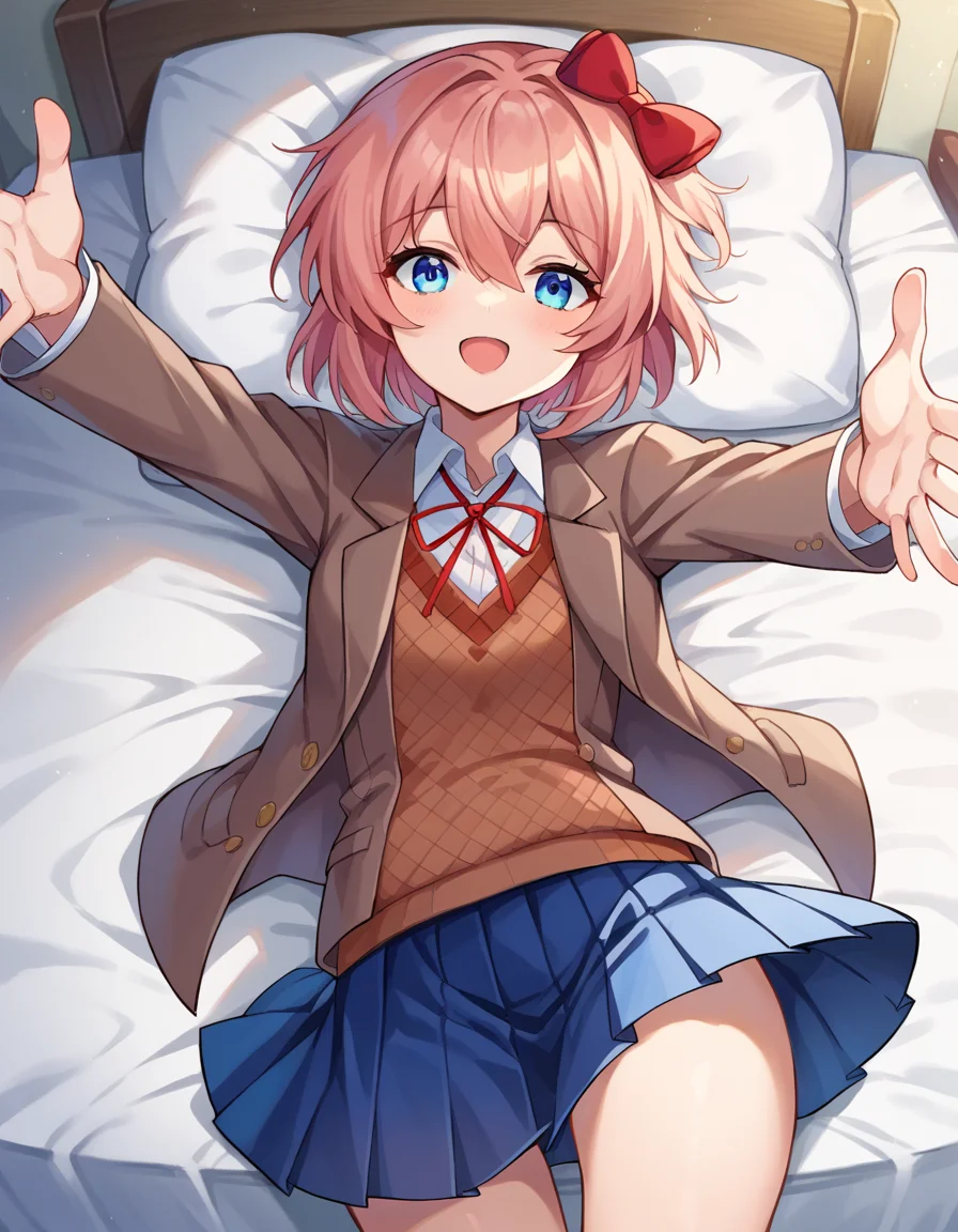 score_9, score_8_up, score_7_up, source_anime,
ddlcsayori, <lora:ddlc-sayori-ponyxl-lora-nochekaiser:1>
ddlcsayori, blue eyes, hair between eyes, hair bow, hair ornament, pink hair, red bow, short hair,
blue skirt, pleated skirt, school uniform, skirt, brown jacket, jacket,
indoors, bed, bed room, on back, arm support, arms up, incoming hug, pov, reaching, reaching towards viewer,
looking at viewer, dutch angle, cowboy shot,