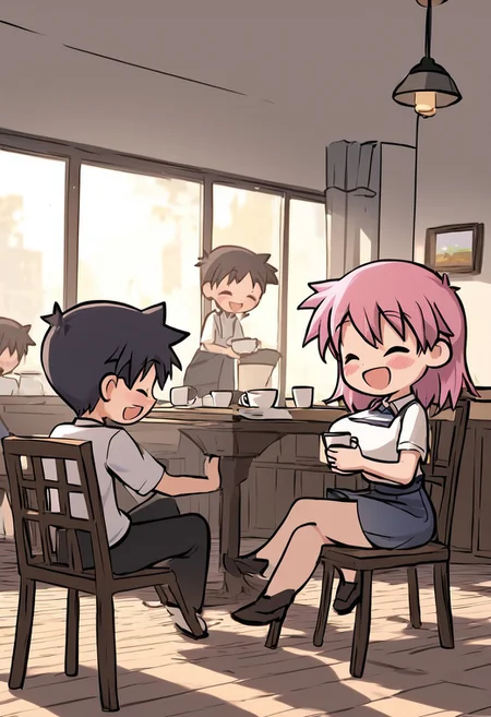 score_4,score_5,score_6,score_7_up,score_8_up,score_9 ((masterpiece,best quality,ultra detailed,highres,HD,4k:1.2)), 
chibi,full body,deformed,| |,
1 girl and 1 boy,hetero,girl focus,
bobcut pink hair giri,large breast,
black short hair boy,
Indoors, cafe, sitting on chair, coffee,
smile,happy,closed eyes,open mouth,