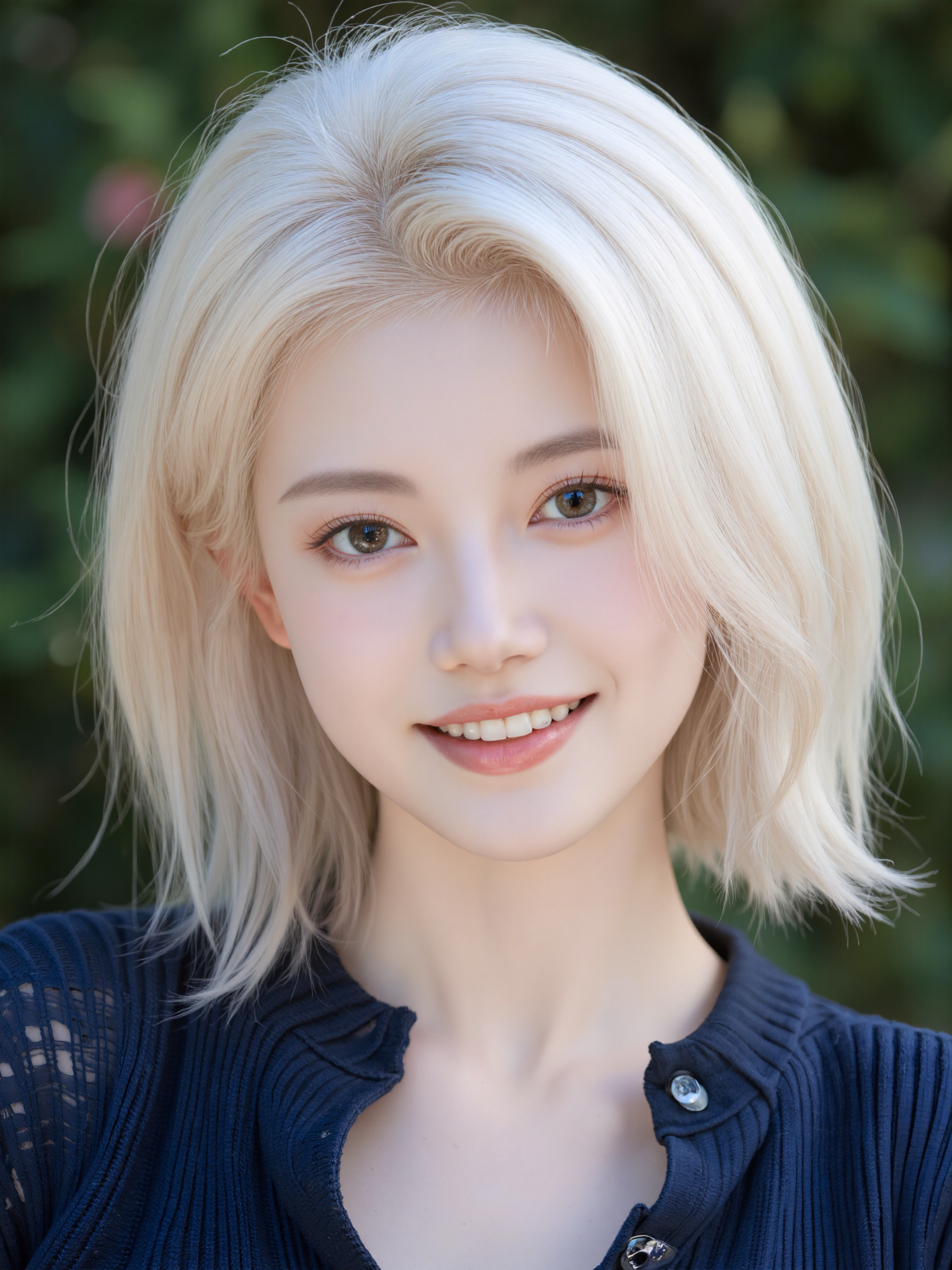 a woman, white hair, blue shirt, light smile, portrait, blurred background