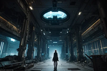highly insanely detailed, masterpiece, top quality, best quality, highres, 4k, 8k, RAW photo, (very aesthetic, beautiful and aesthetic),
tsutomu nihei,nihei_tsutomu,blame!,blame gakuen!,abara,TNstyle,sidonia_no_kishi,(deep horizon,tunnel,tower,space,spacecraft,lab,city ruins,giant room),science fiction,flock,biomachine,bioluminescence,empty,vast scenery,perspective,open space,cyberpunk,decrepit,no human,blm,
<lora:blameLora_v10:0.5>,
(1girl:1.3),
solo focus,
light brown background,âââ