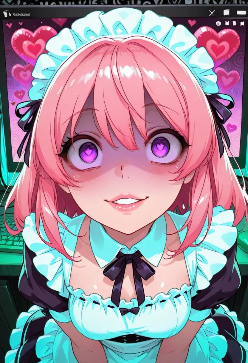 <lora:CivChan:1> CivChan, purple eyes, pink hair, maid outfit, medium breasts, pov_kiss, full lips, floating hearts, hearts, crazy eyes, yandere, insane, computer screens in background with static, heart balloons, glitter, pinkcore