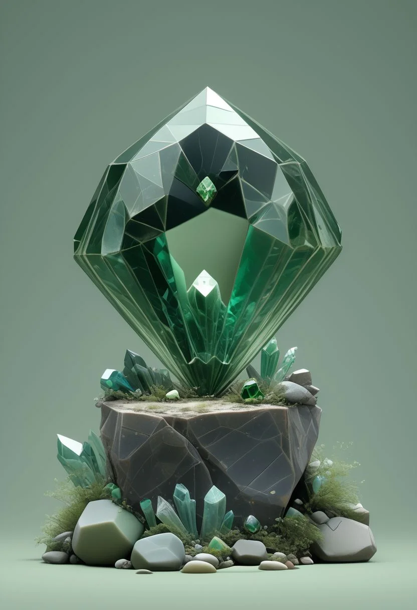 earthelements style, no humans, gradient background, gradient, crystal, green theme, rock, gem, still life, simple background, green gemstone, grass, overgrown, ethereal, green, BREAK PonyXLV6_Scores