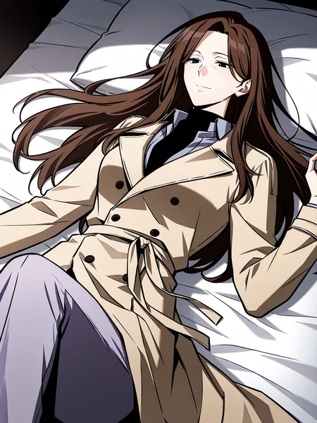 <lora:Omniscient_Readers_Viewpoint__Lee_Sookyun:1>
1 girl, solo, long hair, brown hair, straight hair, center parted hair, black eyes, mature female,
beige trench coat, long coat, double breasted coat, tied waist belt, black undershirt, navy dress shirt, lavender pants, white slip-on shoes,
score_9, score_8_up, score_7_up, score_6_up, source_anime, masterpiece, best quality, top-down view, a beautiful woman lying on a bed, relaxed pose, long flowing hair spread on the pillow, soft lighting, cozy bedroom, gentle expression, elegant nightgown, delicate sheets, natural shadows, serene atmosphere, slight perspective distortion from above